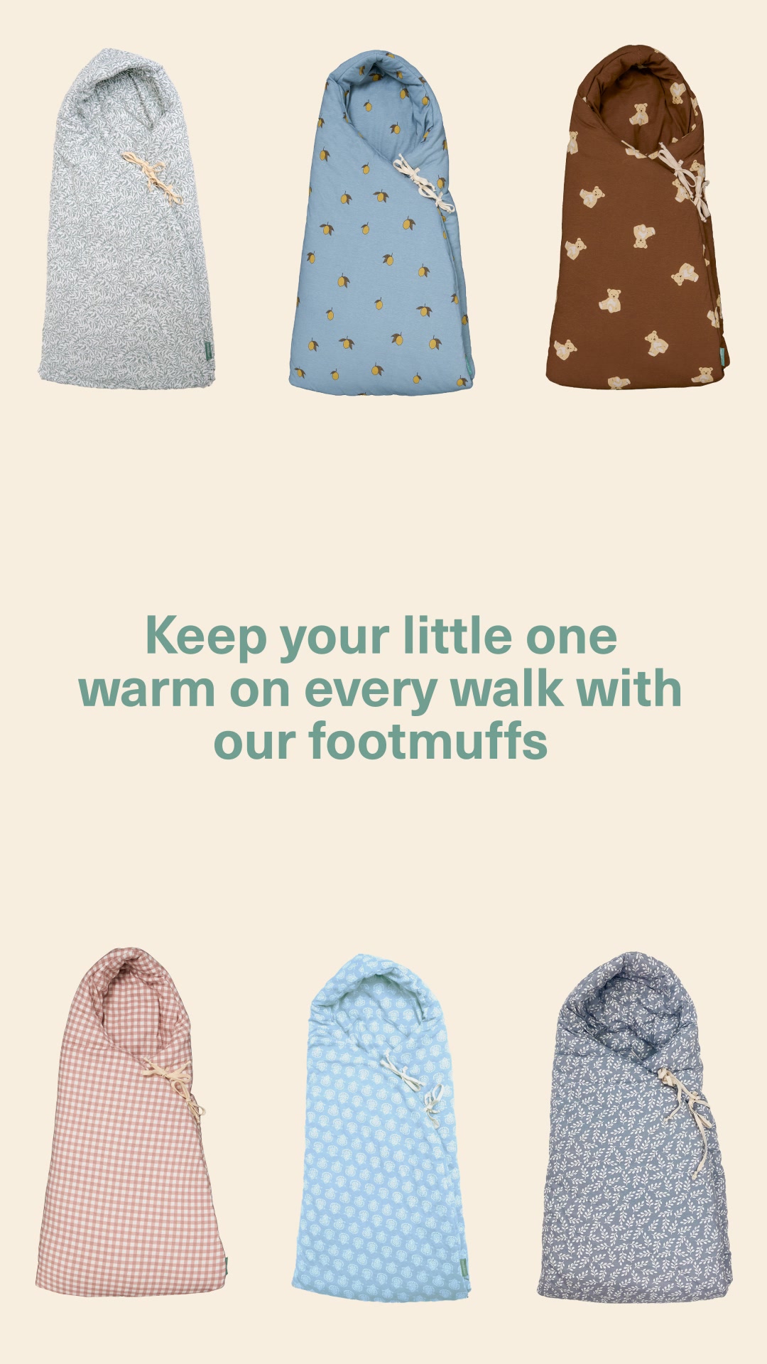 Our footmuff is designed for the inside of the carrycot, keeping your little one cozy and warm during walks.

🌱 100% Better Cotton
👶 Side tie closure and zipper for extra convenience
🚼 Compatible with all carrycots and strollers