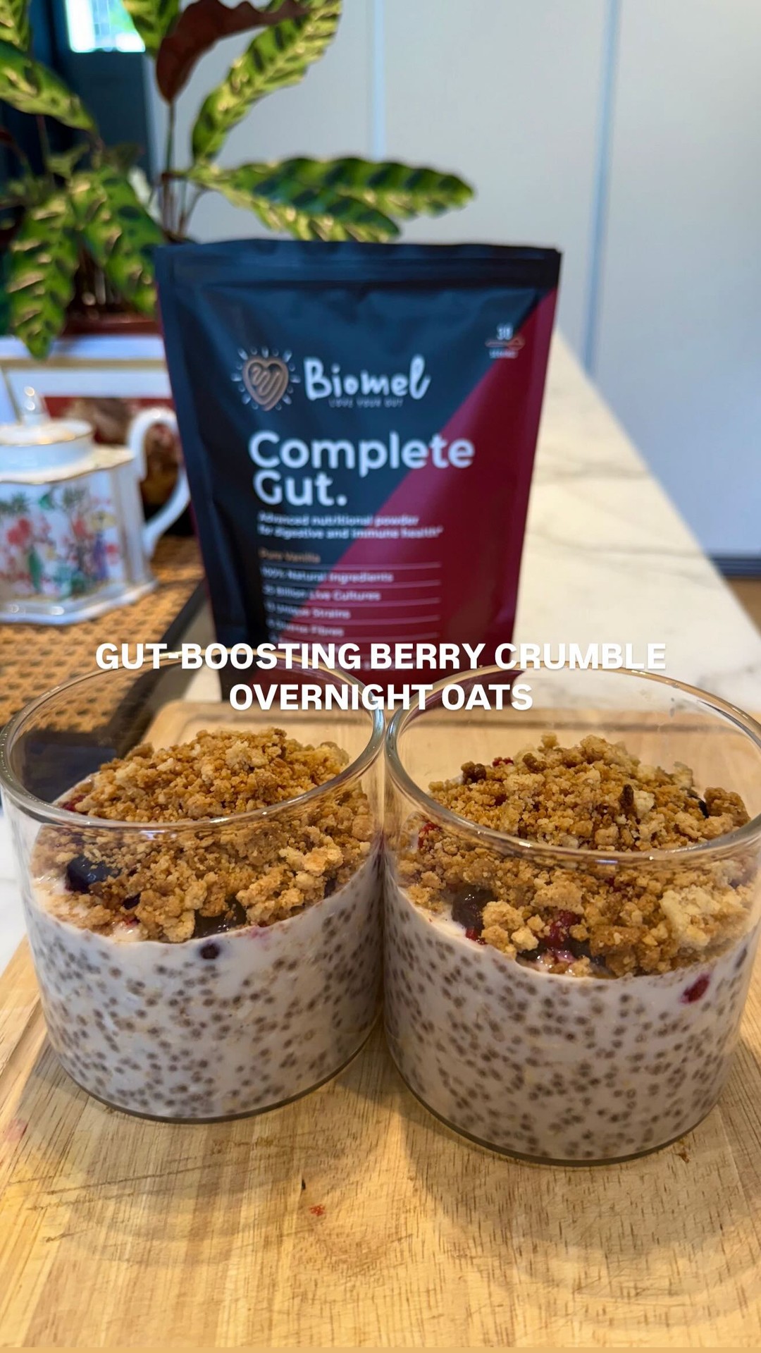 Gut-boosting berry crumble overnight oats 🫐 | AD

Serves 2
You will need…
* 115g mixed frozen berries, microwaved and cooled 
* 1 tbsp chia seeds
* 1 tbsp honey
* 1/2 tsp ground cinnamon
* 300ml milk of choice
* 100g jumbo oats
* 6 tsp @biomel.life complete gut powder 
* 1x @biomel.life dairy-free gut health shot 
For the crumble topping:
* 4 tbsp plain flour
* 30g butter (dairy or plant-based)
* 2 tsp soft brown sugar

1. For the crumble topping, mix your flour, butter and sugar with your fingers until it resembles breadcrumbs.
2. Bake in the oven at 200c for 8-10 mins. Then transfer to a bowl and allow to cool.
3. In another bowl, mix together the oats, chia seeds, honey, cinnamon, gut powder, milk and gut shot. 
4. Store in the fridge for a few hours or overnight until thickened.
5. Assemble in a jar with the oats first, then berries and then crumble topping. 

#amberthenutritionist #biomel