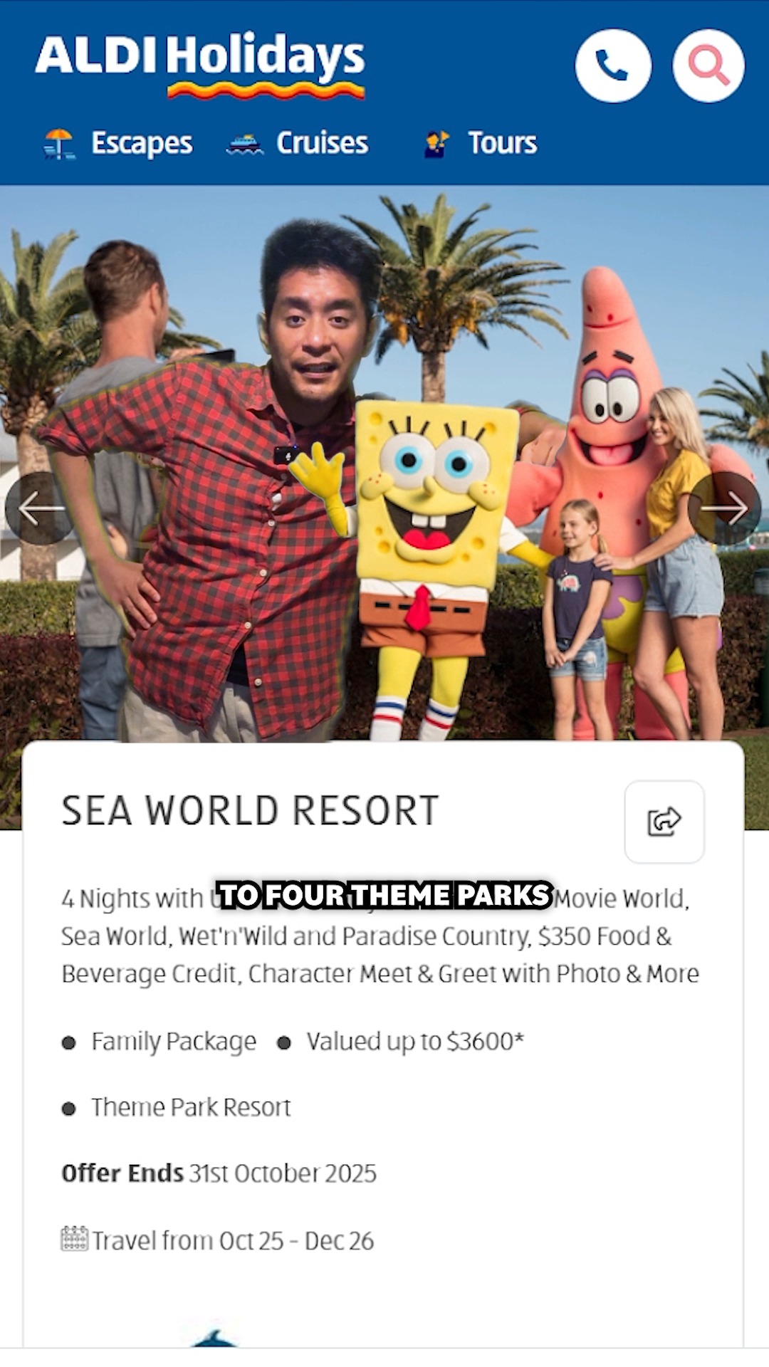 An amazing deal for the family at Sea World Resort Gold Coast by ALDI Holidays!
- Price $1,799 per room. Valued up to $3,600 per room
- 4 Nights
- 2 adults + 2 children*
- Travel from 1-Oct-25 - 11-Dec-26
- Unlimited entry to Warner Bros. Movie World, Sea World, Wet'n'Wild, and Paradise Country
- $350 food and beverage credit
- Kids eat breakfast free* 
#ad #ALDIPartner #ALDIHolidays #GetMoreFrillsWithALDIHolidays #ALDIHolidaysOctoberDeals @aldiaustralia