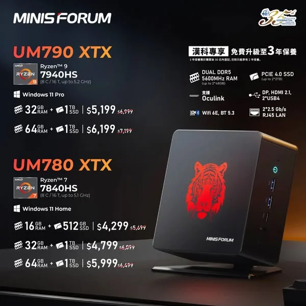 🔺Minisforum UM780 XTX & UM790 XTX
UM780 XTX：https://bit.ly/3LL9nRs
UM790 XTX：https://bit.ly/3WMID9u

🤔雖然兩個型號同一個樣，但係規格上就略有不同：UM780 XTX 搭載 AMD Ryzen™ 7 7840HS 八核心處理器；而UM790 XTX 搭載 AMD Ryzen™ 9 7940HS 八核心處理器。⬆️同樣地可以透過 USB4 或 OCuLink 接口進行顯示卡方面嘅升級。❄️強大散熱效能確保喺高負載嘅工作下保持穩定性。搭載雙通道 DDR5 RAM（最高支援 2*48 GB）+ PCIe 4.0 SSD（最高支援 2*2 TB），提供卓越嘅處理效能。

🟥CPU：
UM790 XTX：AMD Ryzen™ 9 7940HS (8 C / 16 T, up to 5.2 GHz)
UM780 XTX：AMD Ryzen™ 7 7840HS (8 C / 16 T, up to 5.1 GHz)
✍🏻Dual DDR5 5600MHz RAM (up to 2*48 GB)
🗃️PCIe 4.0 SSD (up to 2*2 TB)
🖼️4 video outputs: HDMI 2.1,DP, 2*USB4
➖OCulink Port
🌐WiFi 6E, BT 5.3, 2*2.5 Gb/s RJ45
🪟OS：
UM790 XTX：Windows 11 Pro
UM780 XTX：Windows 11 Home