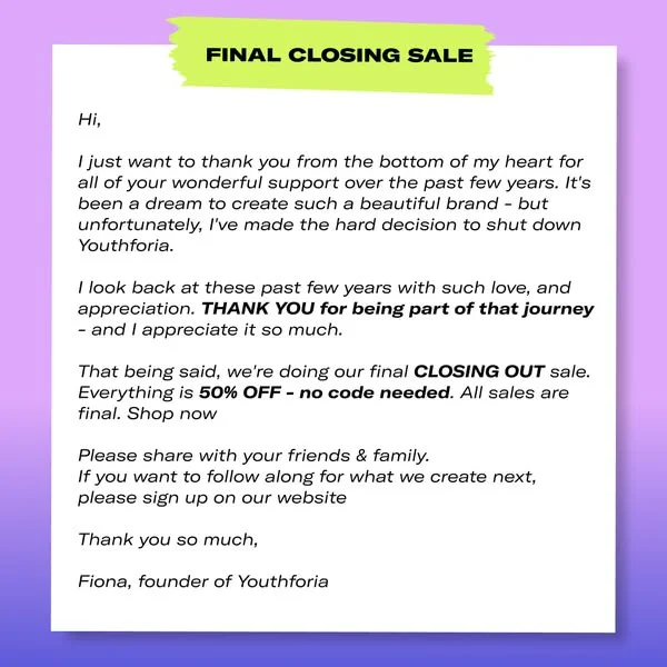 50% OFF Final Closing Sale